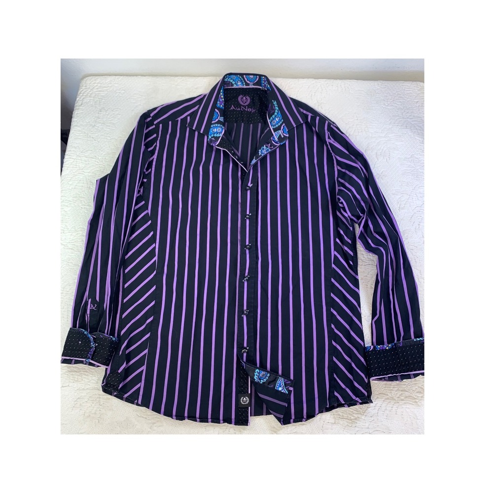 Au Noir Mens Long‎ Sleeve Button Down Shirt Black Purple Striped Paisley Size 4